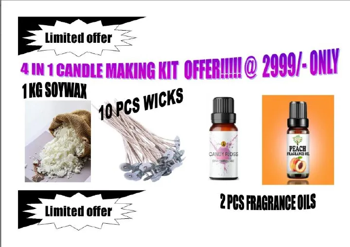 OFFER!! 4 IN 1 CANDLE MAKING KIT/HOME AND KITCHEN/ARTS,CRAFTS/CANDLE MAKING KIT ESSENTIAL/2PCS FRAGRANCE OIL/SOY FLAKES 1KG/PRETUBBED ECO WICK 10 PCS