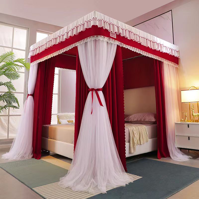 🍂🍂🍂 Canopy 4 stand ✨Stainless Steel Bracket ✨Princess Room Decorative Bed Curtain ✨ Bedroom Mosquito Net 💫 6x6 Red