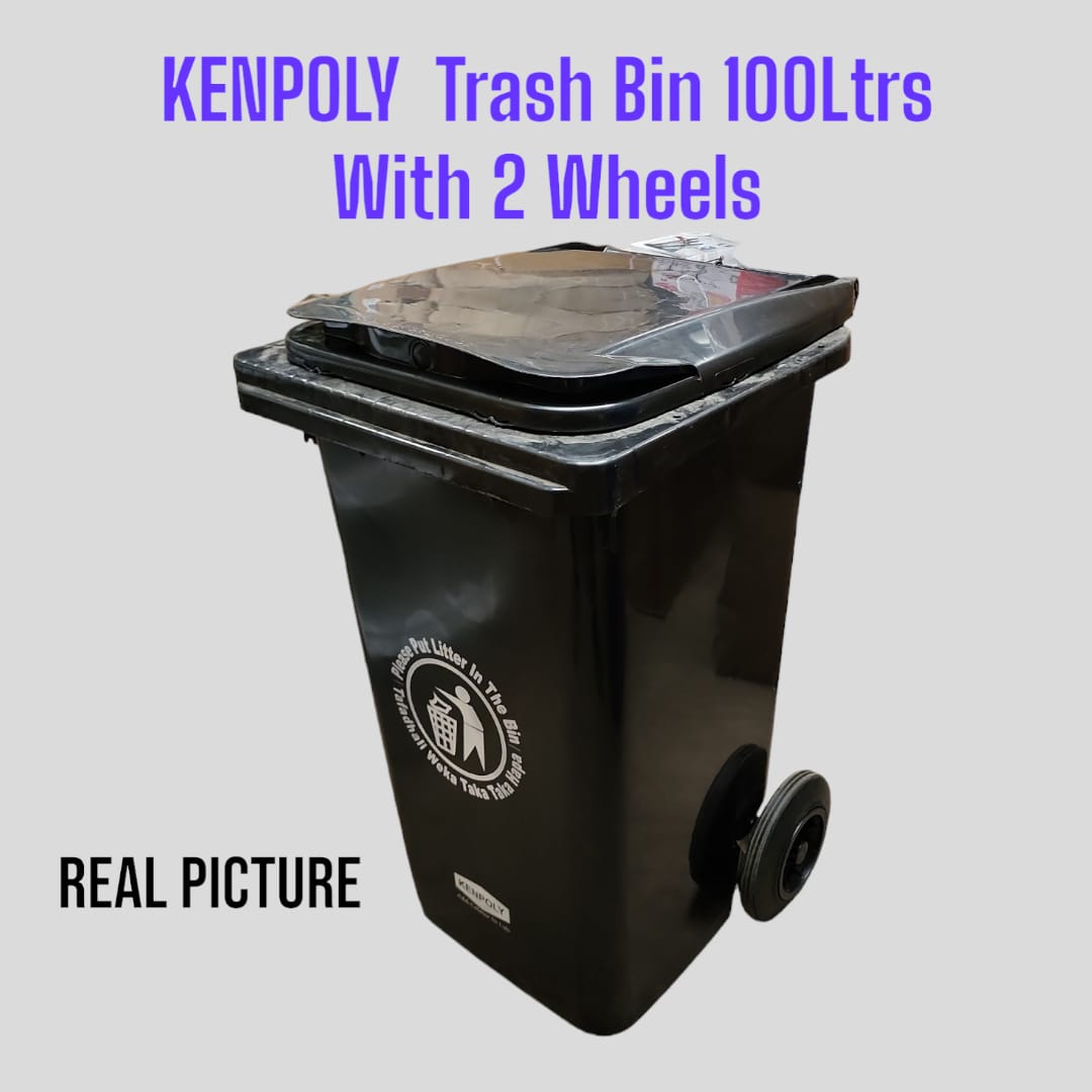 100 litres heavy plastic Kenpoly Trash bin with two wheel to make it easy while transporting gabbage
