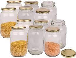 1 LITRE/1000ml CYLINDRICAL PANTRY GLASS AIRTIGHT STORAGE JARS(WHITE/GOLD LIDS)