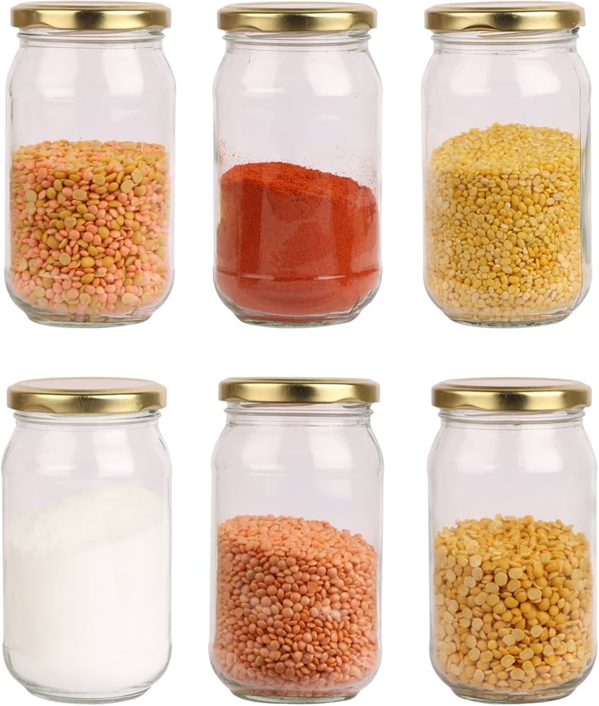 1 LITRE/1000ml CYLINDRICAL PANTRY GLASS AIRTIGHT STORAGE JARS(WHITE/GOLD LIDS)