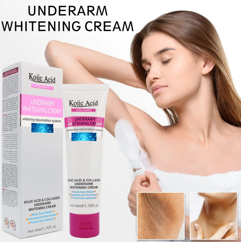 Kojic Acid Skin Lightening Cream removes dark spots and hyperpigmentation on various parts of the body, including underarms, intimate areas, knees, legs, and inner thighs