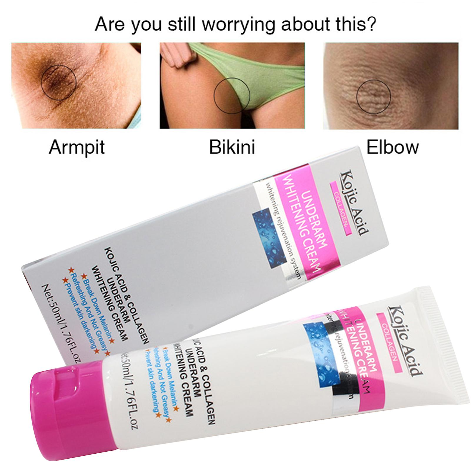 Kojic Acid Skin Lightening Cream removes dark spots and hyperpigmentation on various parts of the body, including underarms, intimate areas, knees, legs, and inner thighs