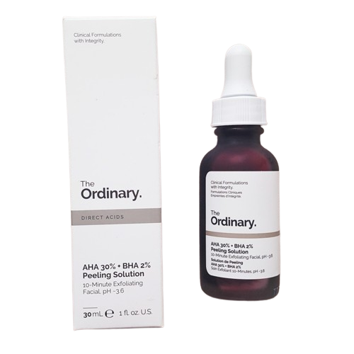 The Ordinary AHA 30% + BHA 2% Peeling Solution Exfoliates, brightens, smooths texture, reduces acne, unclogs pores, evens tone, minimizes fine lines, boosts product absorption