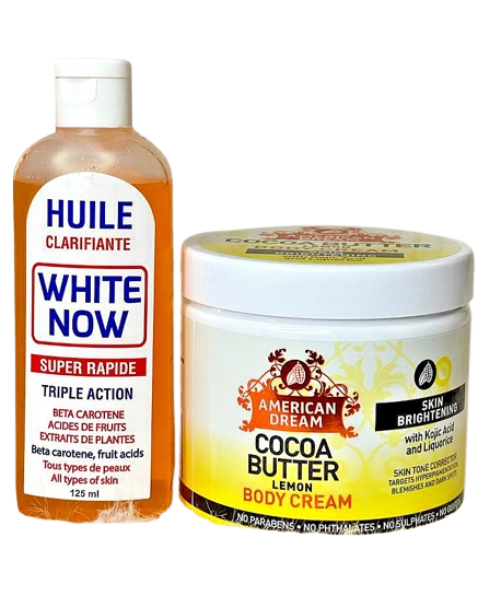 American Dream Cocoa Butter Lemon Body Cream + Huile Eclaircissante White Now Super Rapid Oil Deeply moisturizes, evens skin tone, brightens, nourishes, reduces fine lines, soothes irritation