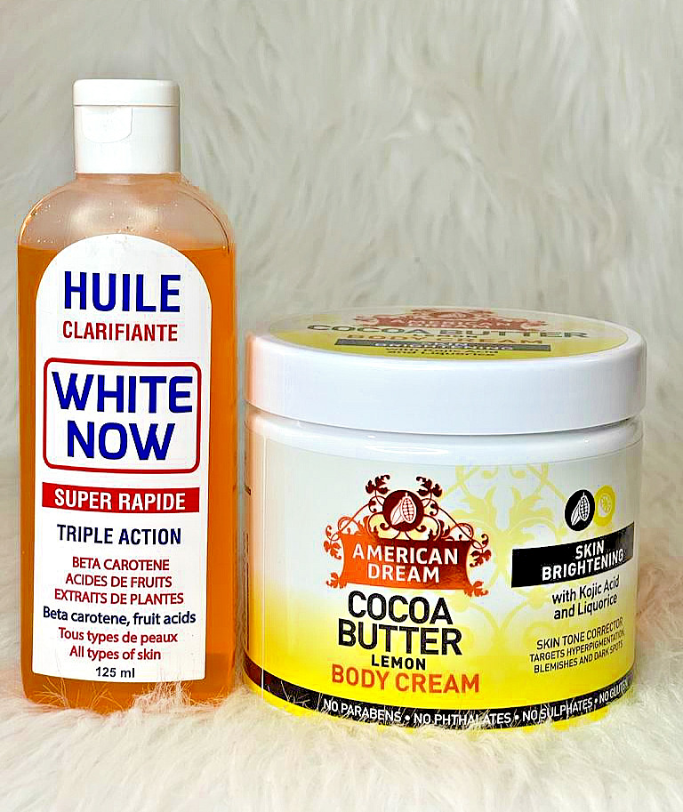 American Dream Cocoa Butter Lemon Body Cream + Huile Eclaircissante White Now Super Rapid Oil Deeply moisturizes, evens skin tone, brightens, nourishes, reduces fine lines, soothes irritation