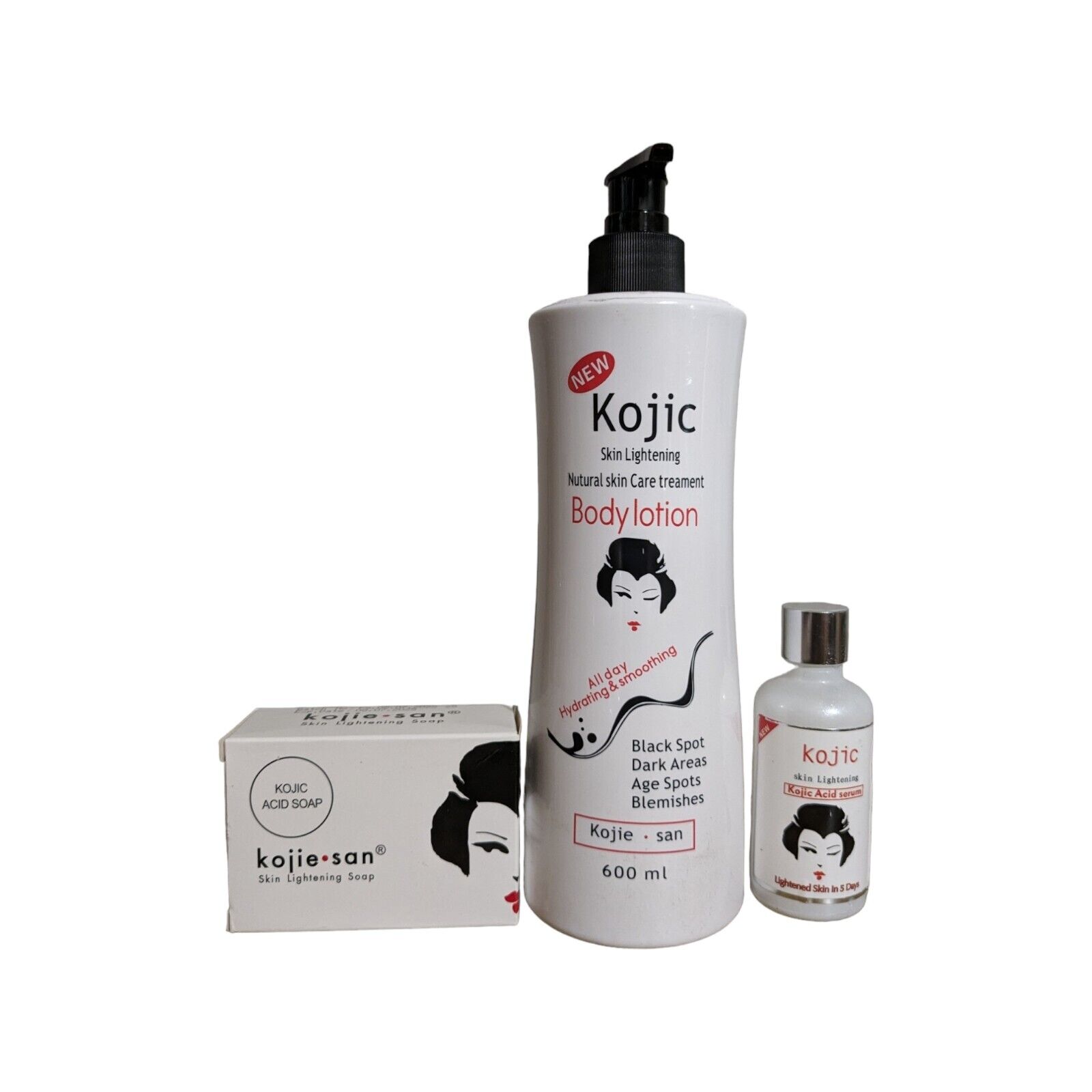 Kojie San Skin Lightening & Brightening Kojic Acid Lotion, Serum & Soap Brightens, Evens Tone, Reduces Dark Spots, Hydrates, Protects, Smooths, Softens