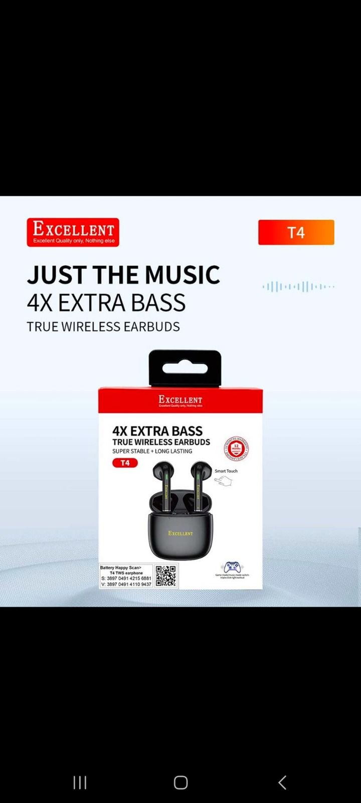 EXCELLENT T4 TWS  EARPHONE 4X EXTRA BASS TRUE WIRELESS EARBUDS