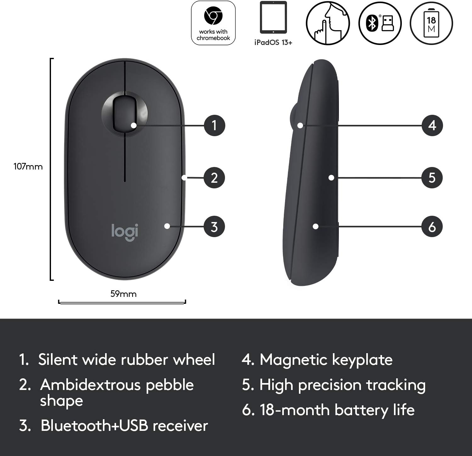 Logitech Pebble Wireless Mouse with Bluetooth or 2.4 GHz Receiver, Silent, Slim Computer Mouse with Quiet Clicks, for Laptop/Notebook/iPad/PC/Mac/Chromebook - Graphite