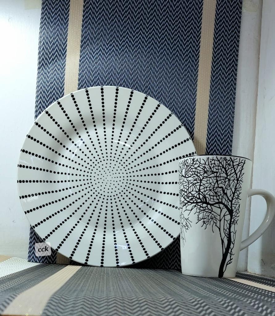 6 pcs ceramic dinner plates and 6 tree mugs;They are of high quality They are 12 pieces set to serve all in dinning They are luxurious They are durable .