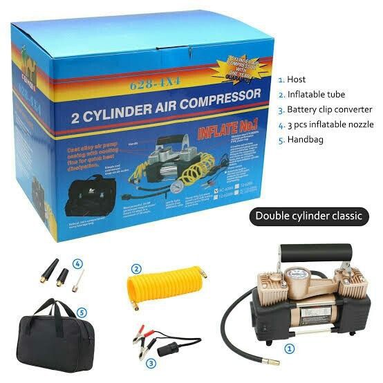 AIR COMPRESSER. Generic 2 Cylinder Air Compressor/Tyre Inflator Siutable for  luxury cars, 2 ton truck tires, also applicable for motorcycles, bicycles, balls, Kayak;, beach floating bed, life buoy, i