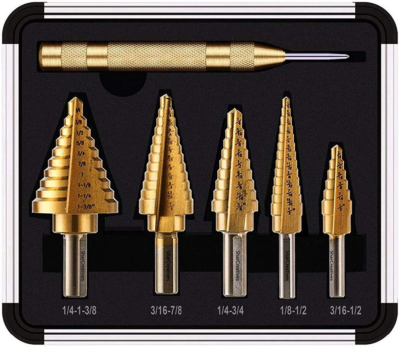 5 High Speed Titanium Steel Step Drill Bits + 1PC Automatic Center Punch