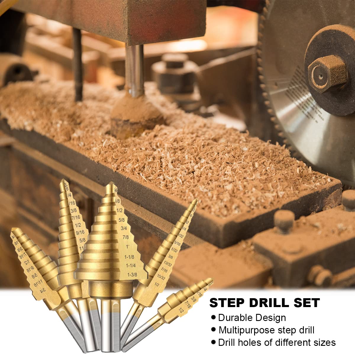 5 High Speed Titanium Steel Step Drill Bits + 1PC Automatic Center Punch