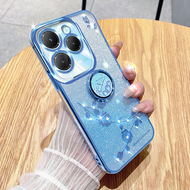 (Infinix Tecno itel Series Phone Case Attention Select Model) Luxury Rhinestone Glitter Floral Plating Transparent Cover For Tecno Spark 20 Pro+ GO Pop8 7 Infinix Note 40 30 Fall Protection Cover