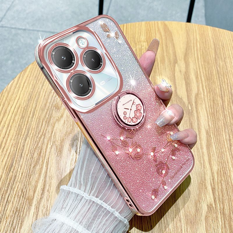 (Infinix Tecno itel Series Phone Case Attention Select Model) Luxury Rhinestone Glitter Floral Plating Transparent Cover For Tecno Spark 20 Pro+ GO Pop8 7 Infinix Note 40 30 Fall Protection Cover