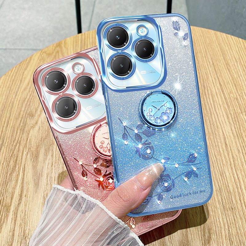 (Infinix Tecno itel Series Phone Case Attention Select Model) Luxury Rhinestone Glitter Floral Plating Transparent Cover For Tecno Spark 20 Pro+ GO Pop8 7 Infinix Note 40 30 Fall Protection Cover