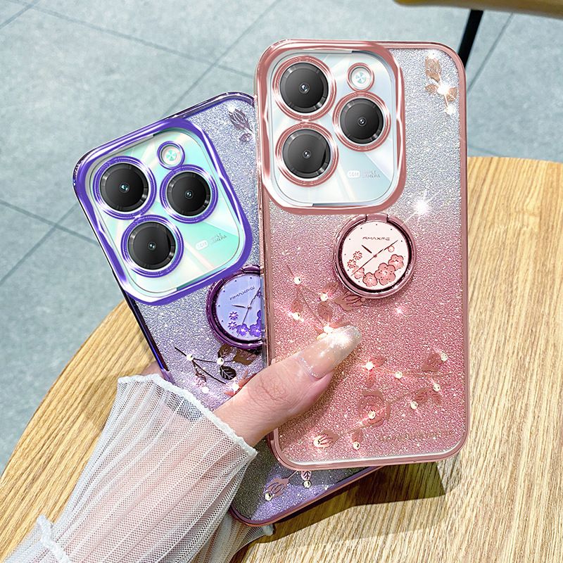 (Infinix Tecno itel Series Phone Case Attention Select Model) Luxury Rhinestone Glitter Floral Plating Transparent Cover For Tecno Spark 20 Pro+ GO Pop8 7 Infinix Note 40 30 Fall Protection Cover