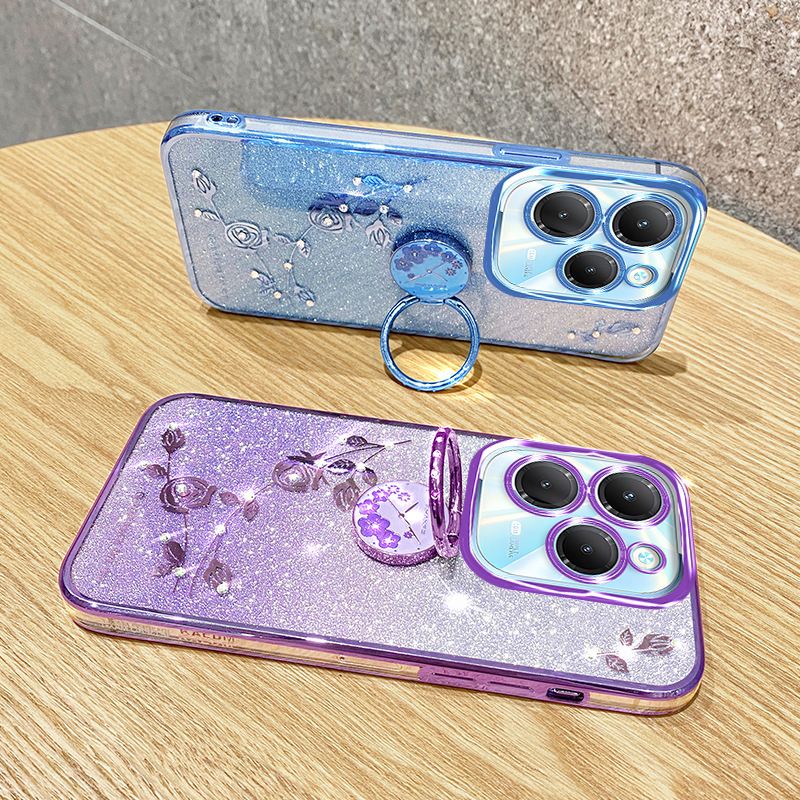(Infinix Tecno itel Series Phone Case Attention Select Model) Luxury Rhinestone Glitter Floral Plating Transparent Cover For Tecno Spark 20 Pro+ GO Pop8 7 Infinix Note 40 30 Fall Protection Cover