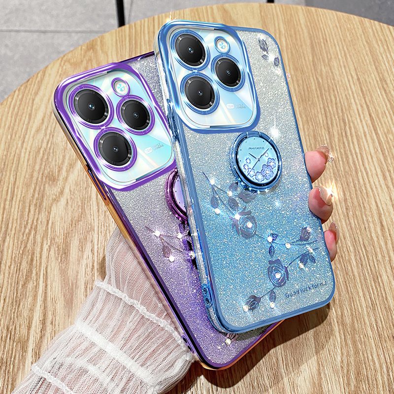(Infinix Tecno itel Series Phone Case Attention Select Model) Luxury Rhinestone Glitter Floral Plating Transparent Cover For Tecno Spark 20 Pro+ GO Pop8 7 Infinix Note 40 30 Fall Protection Cover