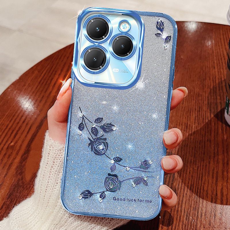 (Infinix Tecno itel Series Phone Case Attention Select Model) Luxury Rhinestone Glitter Floral Plating Transparent Cover For Tecno Spark 20 Pro+ GO Pop8 7 Infinix Note 40 30 Fall Protection Cover