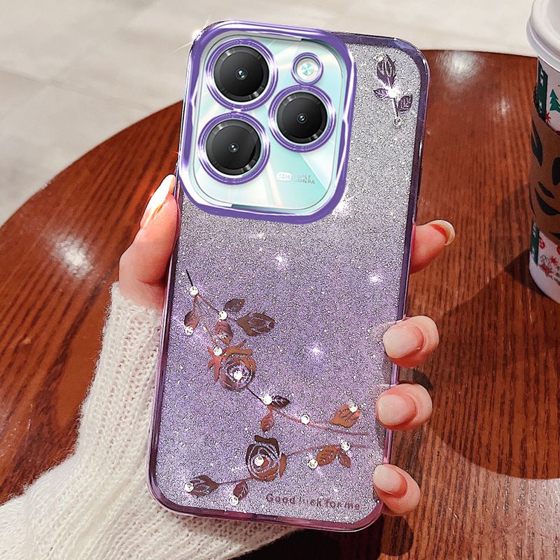 (Infinix Tecno itel Series Phone Case Attention Select Model) Luxury Rhinestone Glitter Floral Plating Transparent Cover For Tecno Spark 20 Pro+ GO Pop8 7 Infinix Note 40 30 Fall Protection Cover