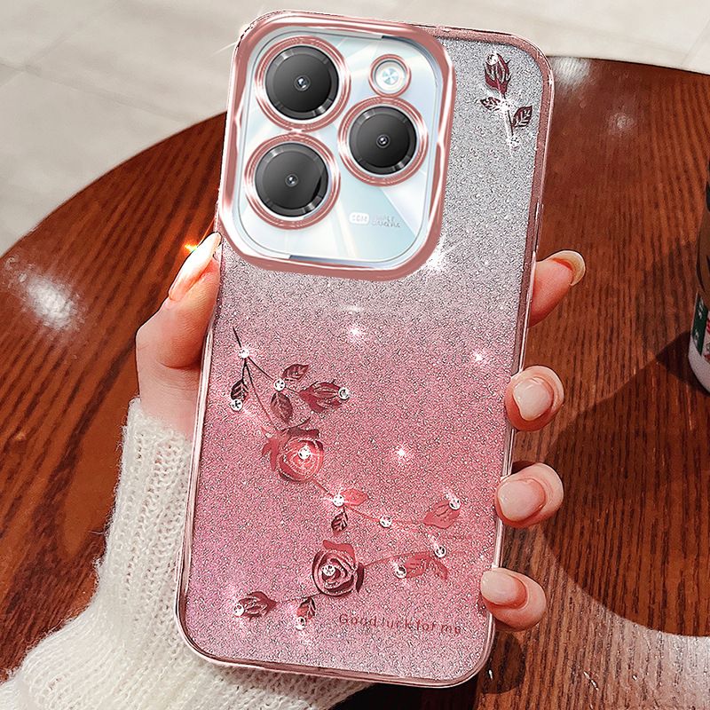 (Infinix Tecno itel Series Phone Case Attention Select Model) Luxury Rhinestone Glitter Floral Plating Transparent Cover For Tecno Spark 20 Pro+ GO Pop8 7 Infinix Note 40 30 Fall Protection Cover