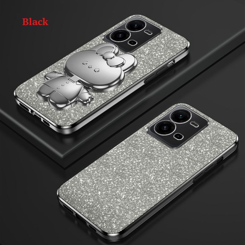 Luxury Electroplating Rabbit Mirror Bracket Cover For Vivo Y35 Y27 Y16 Y02S Y22 Y22S Y17S Y100 Y02 Y11 V11Y78 Y77 Y76 Y27S Y36 Y21 Y33S Y21S Y15S Y15A Y01 Y3 Y5S Y9S Glitter Powder Protective Case