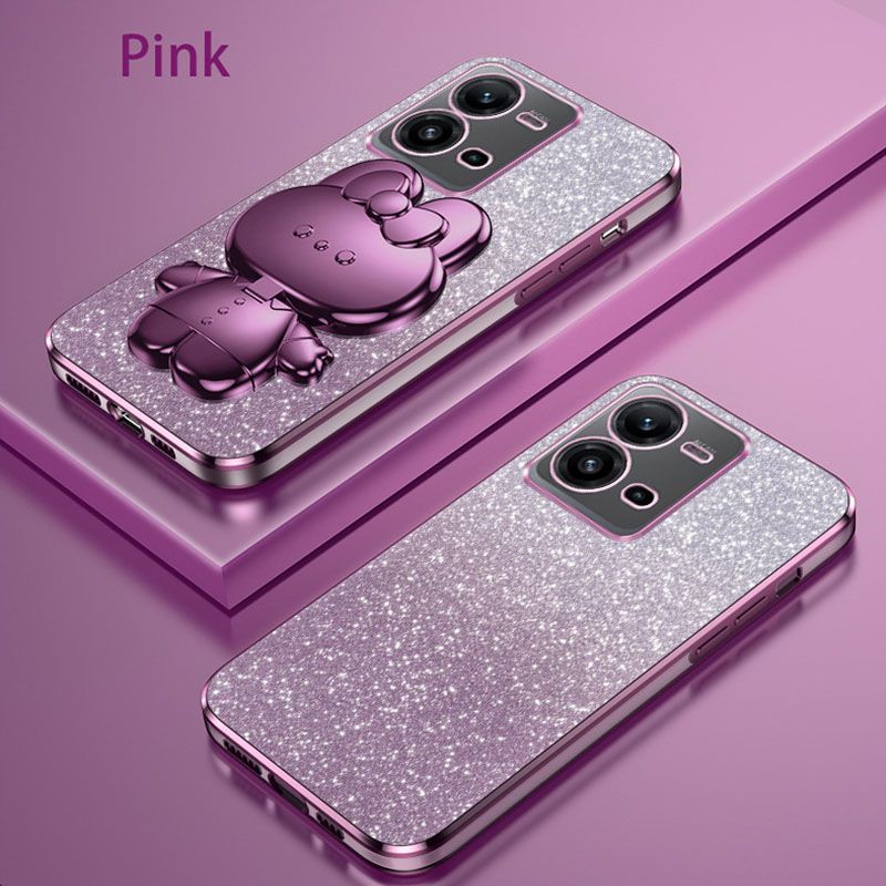 Luxury Electroplating Rabbit Mirror Bracket Cover For Vivo Y35 Y27 Y16 Y02S Y22 Y22S Y17S Y100 Y02 Y11 V11Y78 Y77 Y76 Y27S Y36 Y21 Y33S Y21S Y15S Y15A Y01 Y3 Y5S Y9S Glitter Powder Protective Case