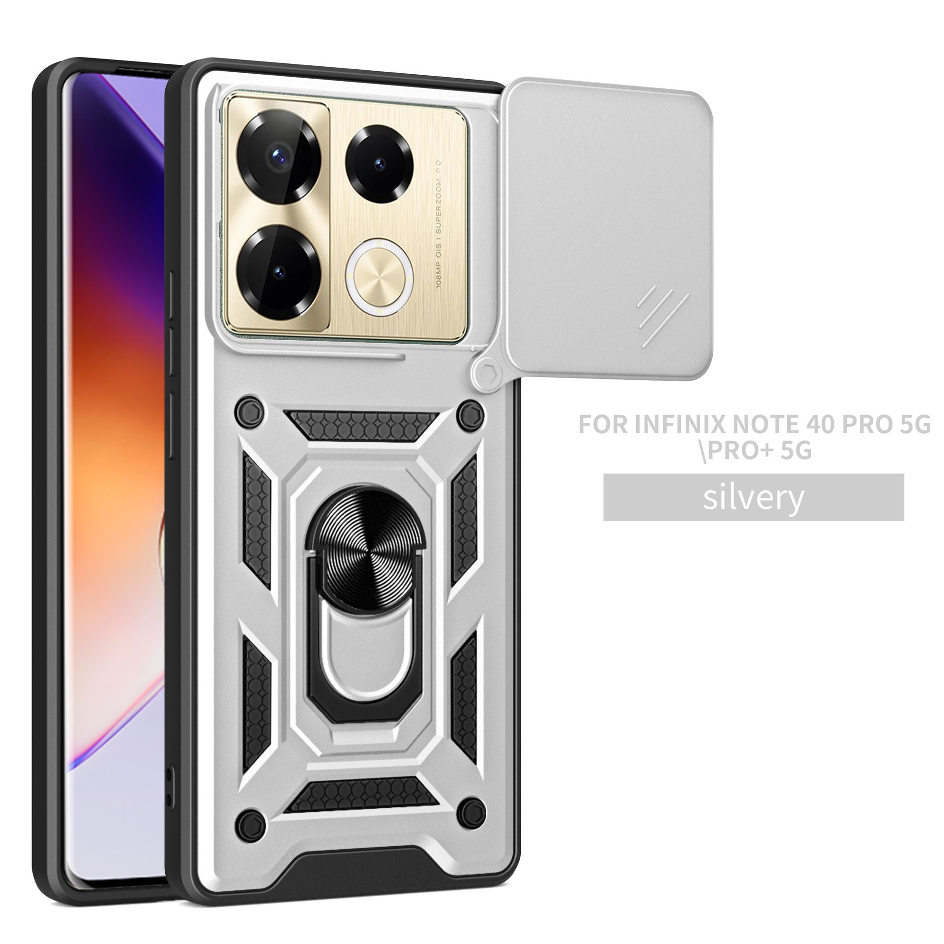Sliding Camera Cover for Infinix Note 40 Pro 5G/Pro Plus 5G Phone Case Rugged Military Grade Shockproof with Stand Holder