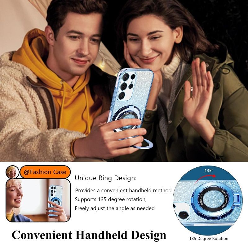 Luxury Transparent Glitter Powder Protective Cover For Samsung Galaxy S24 S23 S22 S21 S20 Ultra, S24 S23 S22 S21 S20 Plus, S23 S21 S20 FE, S10 Plus Magnetic Support Phone Case