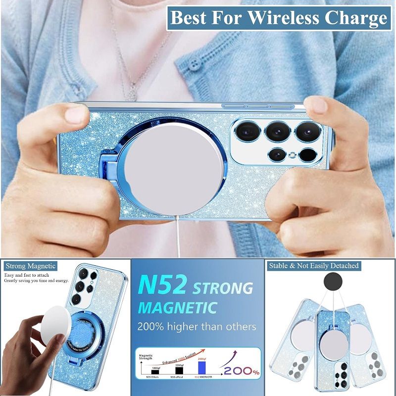 Luxury Transparent Glitter Powder Protective Cover For Samsung Galaxy S24 S23 S22 S21 S20 Ultra, S24 S23 S22 S21 S20 Plus, S23 S21 S20 FE, S10 Plus Magnetic Support Phone Case