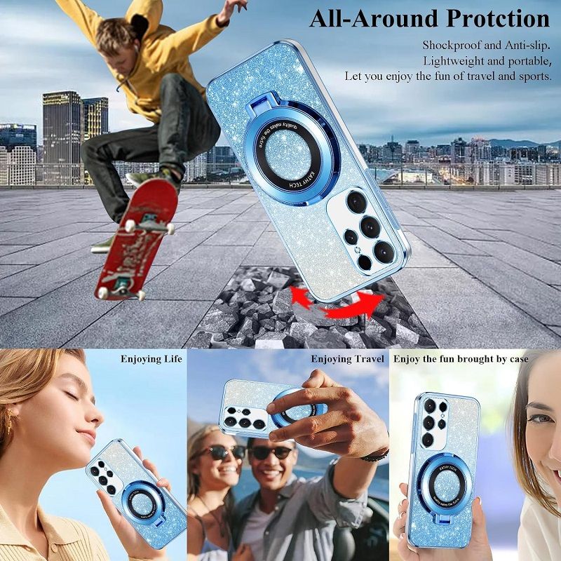 Luxury Transparent Glitter Powder Protective Cover For Samsung Galaxy S24 S23 S22 S21 S20 Ultra, S24 S23 S22 S21 S20 Plus, S23 S21 S20 FE, S10 Plus Magnetic Support Phone Case