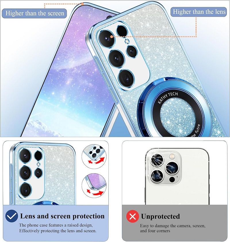 Luxury Transparent Glitter Powder Protective Cover For Samsung Galaxy S24 S23 S22 S21 S20 Ultra, S24 S23 S22 S21 S20 Plus, S23 S21 S20 FE, S10 Plus Magnetic Support Phone Case