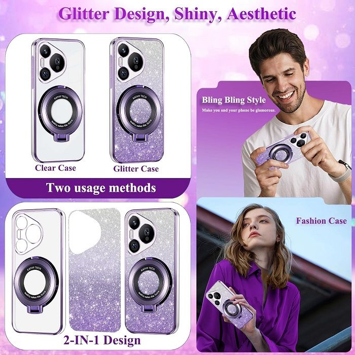 Luxury Transparent Glitter Powder Protective Cover For Huawei Pura 70, 70 Pro, 70 Pro+,70 Ultra P60 P50 P40 P30 Pro P30 Lite Magnetic Support Phone Case