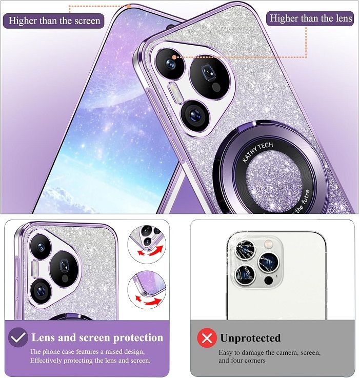 Luxury Transparent Glitter Powder Protective Cover For Huawei Pura 70, 70 Pro, 70 Pro+,70 Ultra P60 P50 P40 P30 Pro P30 Lite Magnetic Support Phone Case