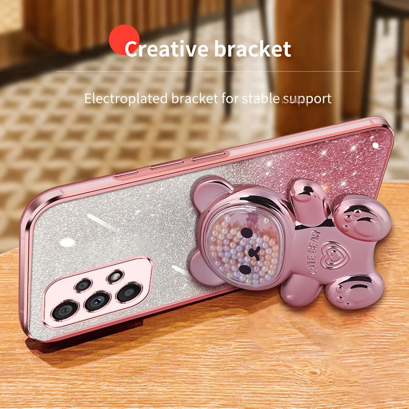 New - Transparent With Glitter Paper 2 in 1 Phone Case For Samsung Galaxy A73 A53 A33 A23 A13 A72 A52 A32 A22 A12 A71 A51 A31 A11 A70 A50 A50s A30s A21s A20s Pearl Bear Support Protective Back Cover