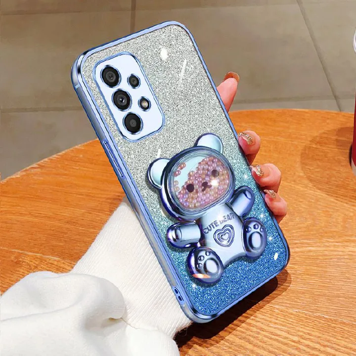 New - Transparent With Glitter Paper 2 in 1 Phone Case For Samsung Galaxy A73 A53 A33 A23 A13 A72 A52 A32 A22 A12 A71 A51 A31 A11 A70 A50 A50s A30s A21s A20s Pearl Bear Support Protective Back Cover