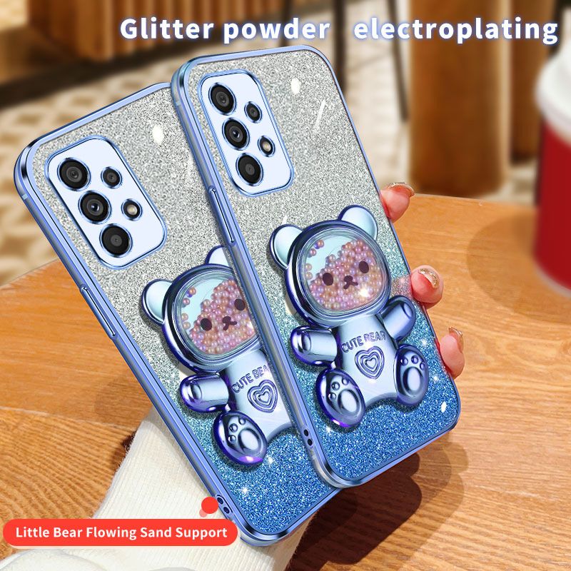 New - Transparent With Glitter Paper 2 in 1 Phone Case For Samsung Galaxy A73 A53 A33 A23 A13 A72 A52 A32 A22 A12 A71 A51 A31 A11 A70 A50 A50s A30s A21s A20s Pearl Bear Support Protective Back Cover