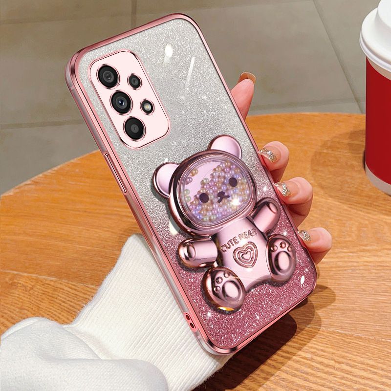 New - Transparent With Glitter Paper 2 in 1 Phone Case For Samsung Galaxy A73 A53 A33 A23 A13 A72 A52 A32 A22 A12 A71 A51 A31 A11 A70 A50 A50s A30s A21s A20s Pearl Bear Support Protective Back Cover
