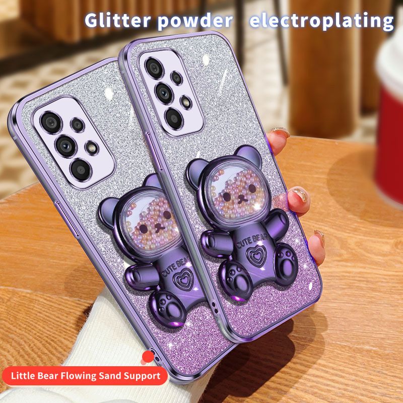 New - Transparent With Glitter Paper 2 in 1 Phone Case For Samsung Galaxy A73 A53 A33 A23 A13 A72 A52 A32 A22 A12 A71 A51 A31 A11 A70 A50 A50s A30s A21s A20s Pearl Bear Support Protective Back Cover