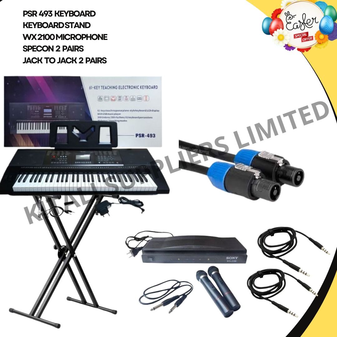 493 keyboard, keyboard stand,  wx2100 microphone, specon 2pairs, 2pairs jack to jack pin