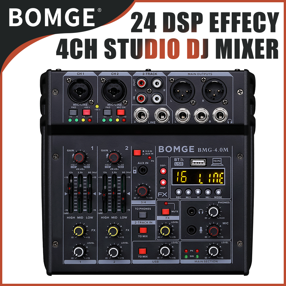 BOMGE 04M Audio Mixer, Sound Board Mixing Console with 4 Channel Digital USB Bluetooth 24 Sound  Effect, Input 48V Phantom Power Stereo DJ Mixers for Recording, Live Streaming, Podcasting,Gaming
