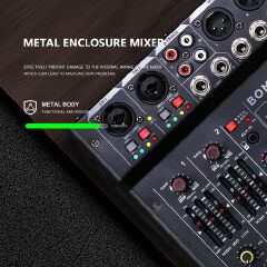 BOMGE 04M Audio Mixer, Sound Board Mixing Console with 4 Channel Digital USB Bluetooth 24 Sound  Effect, Input 48V Phantom Power Stereo DJ Mixers for Recording, Live Streaming, Podcasting,Gaming