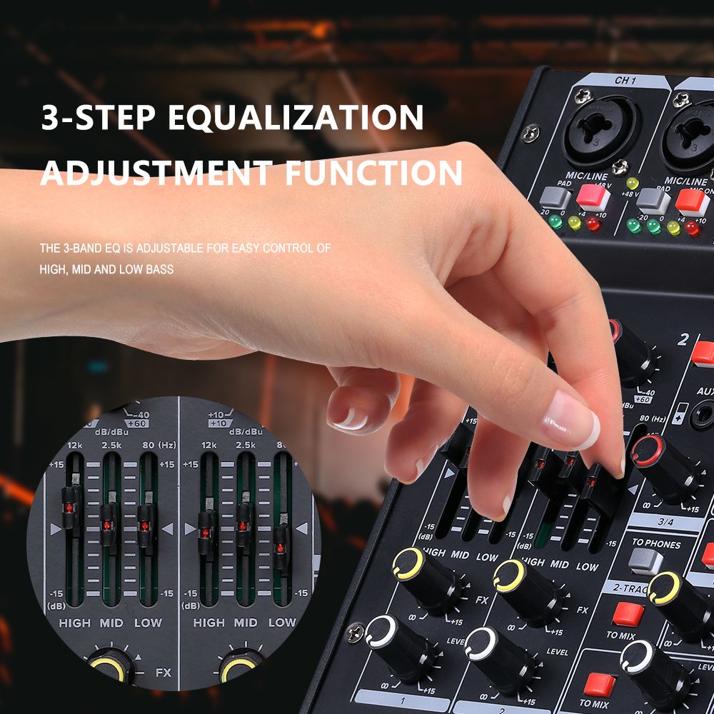 BOMGE 04M Audio Mixer, Sound Board Mixing Console with 4 Channel Digital USB Bluetooth 24 Sound  Effect, Input 48V Phantom Power Stereo DJ Mixers for Recording, Live Streaming, Podcasting,Gaming