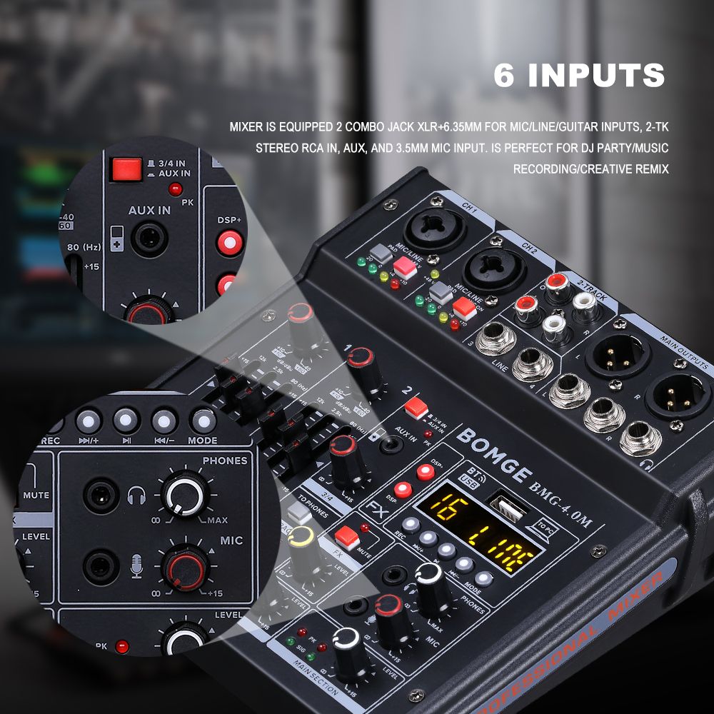 BOMGE 04M Audio Mixer, Sound Board Mixing Console with 4 Channel Digital USB Bluetooth 24 Sound  Effect, Input 48V Phantom Power Stereo DJ Mixers for Recording, Live Streaming, Podcasting,Gaming