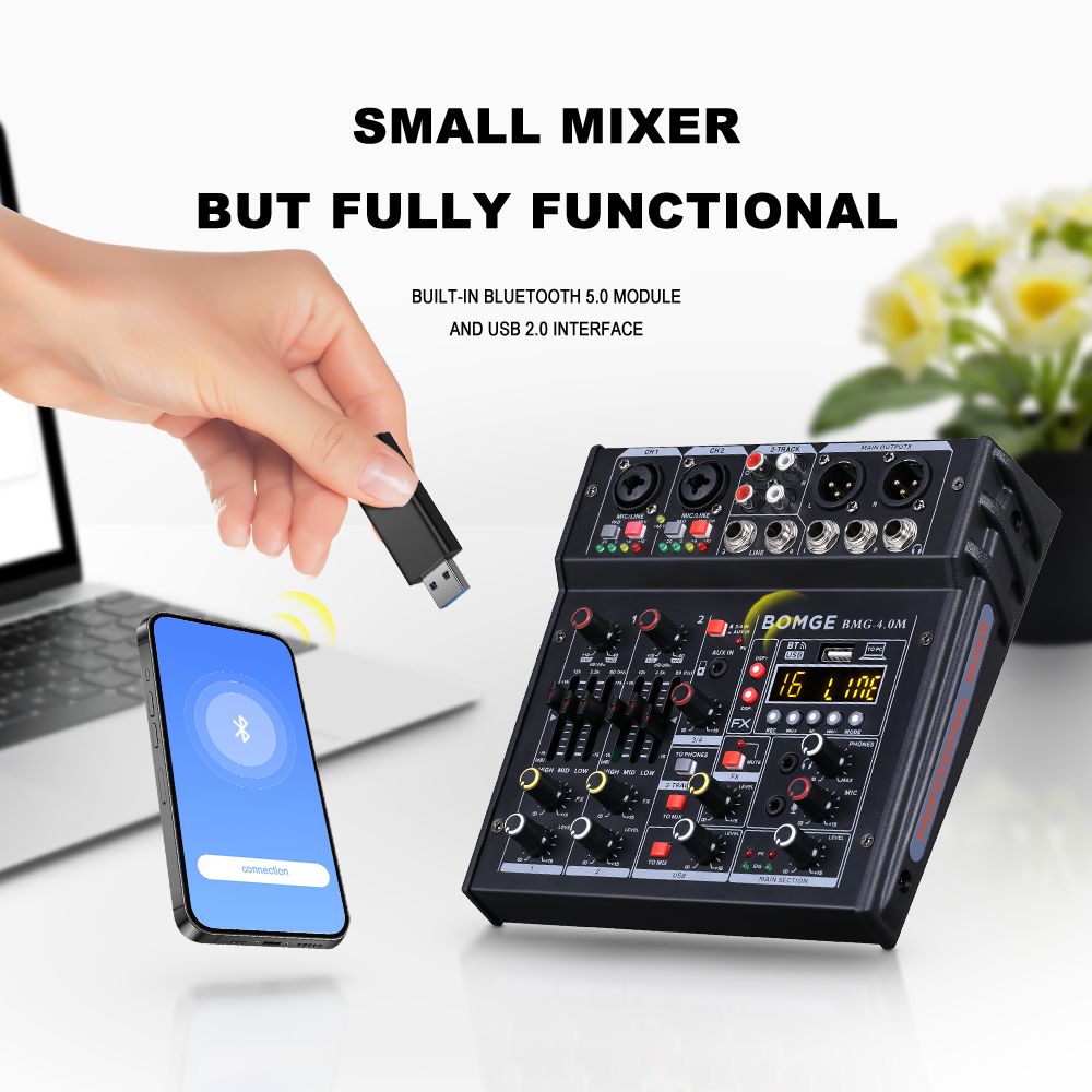 BOMGE 04M Audio Mixer, Sound Board Mixing Console with 4 Channel Digital USB Bluetooth 24 Sound  Effect, Input 48V Phantom Power Stereo DJ Mixers for Recording, Live Streaming, Podcasting,Gaming