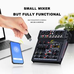 BOMGE 04M Audio Mixer, Sound Board Mixing Console with 4 Channel Digital USB Bluetooth 24 Sound  Effect, Input 48V Phantom Power Stereo DJ Mixers for Recording, Live Streaming, Podcasting,Gaming