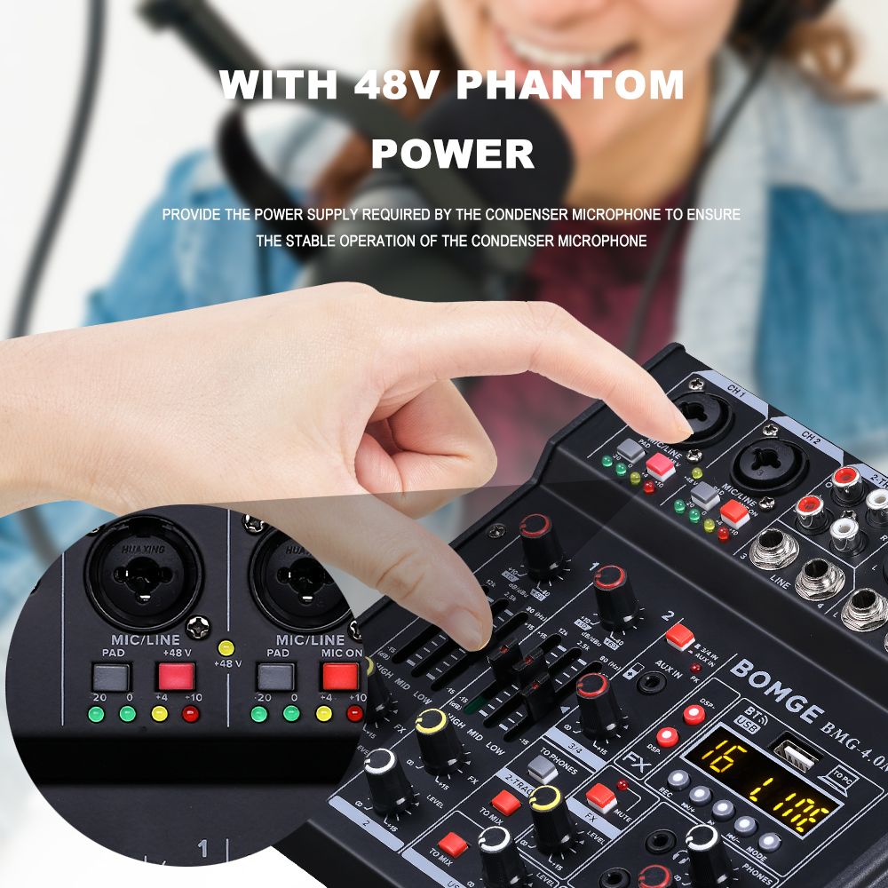 BOMGE 04M Audio Mixer, Sound Board Mixing Console with 4 Channel Digital USB Bluetooth 24 Sound  Effect, Input 48V Phantom Power Stereo DJ Mixers for Recording, Live Streaming, Podcasting,Gaming