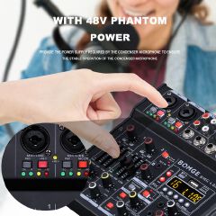 BOMGE 04M Audio Mixer, Sound Board Mixing Console with 4 Channel Digital USB Bluetooth 24 Sound  Effect, Input 48V Phantom Power Stereo DJ Mixers for Recording, Live Streaming, Podcasting,Gaming