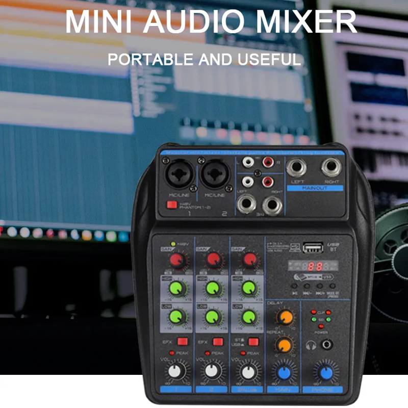 4-kanaals Mixer Dj Mixing Console Met Bluetooth 48V Phantom Power Monitor Karaoke Systeem Usb Mixer Audio
